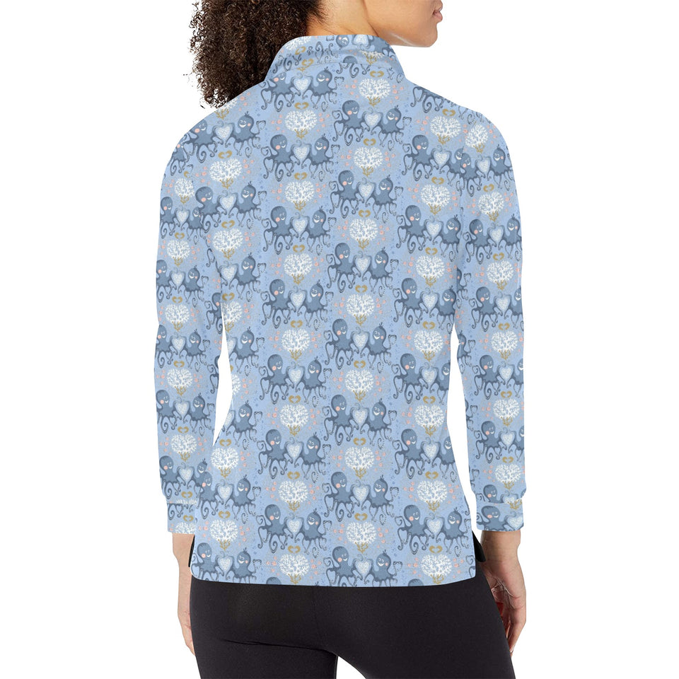 Octopus Heart Pattern Women's Long Sleeve Polo Shirt