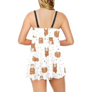 Guinea Pig Pattern Print Design 01 Chest Sexy Pleated Two Piece Swim Dress