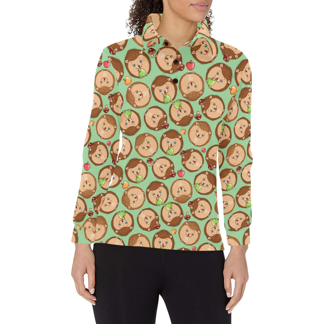 Hedgehog Pattern Print Design 01 Women's Long Sleeve Polo Shirt