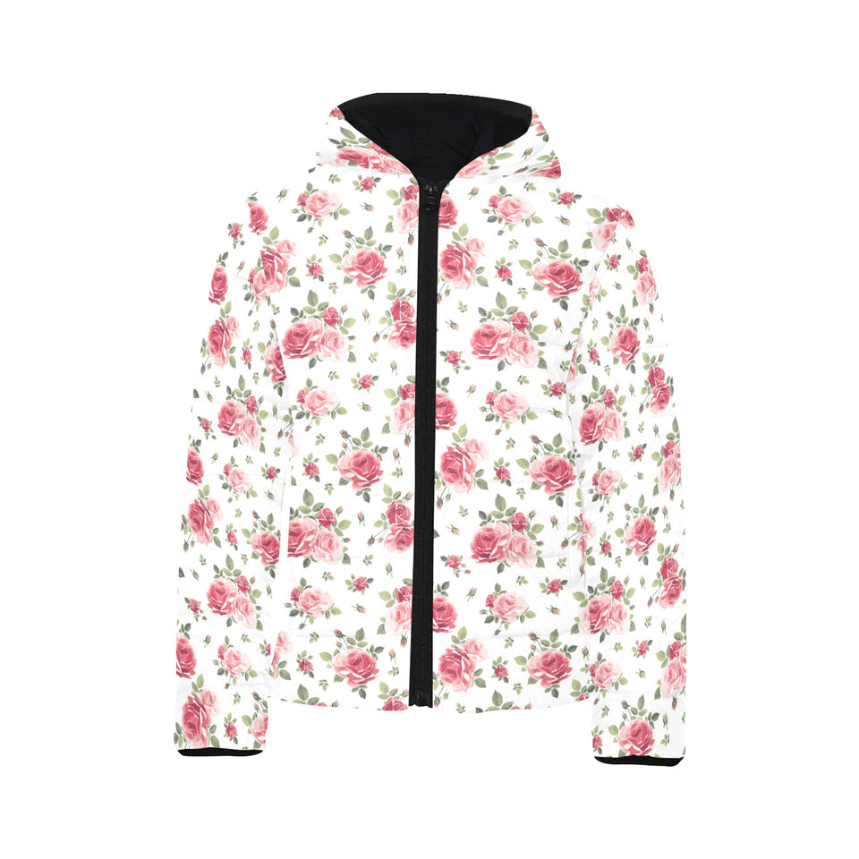 Rose Pattern Print Design 02 Kids' Boys' Girls' Padded Hooded Jacket