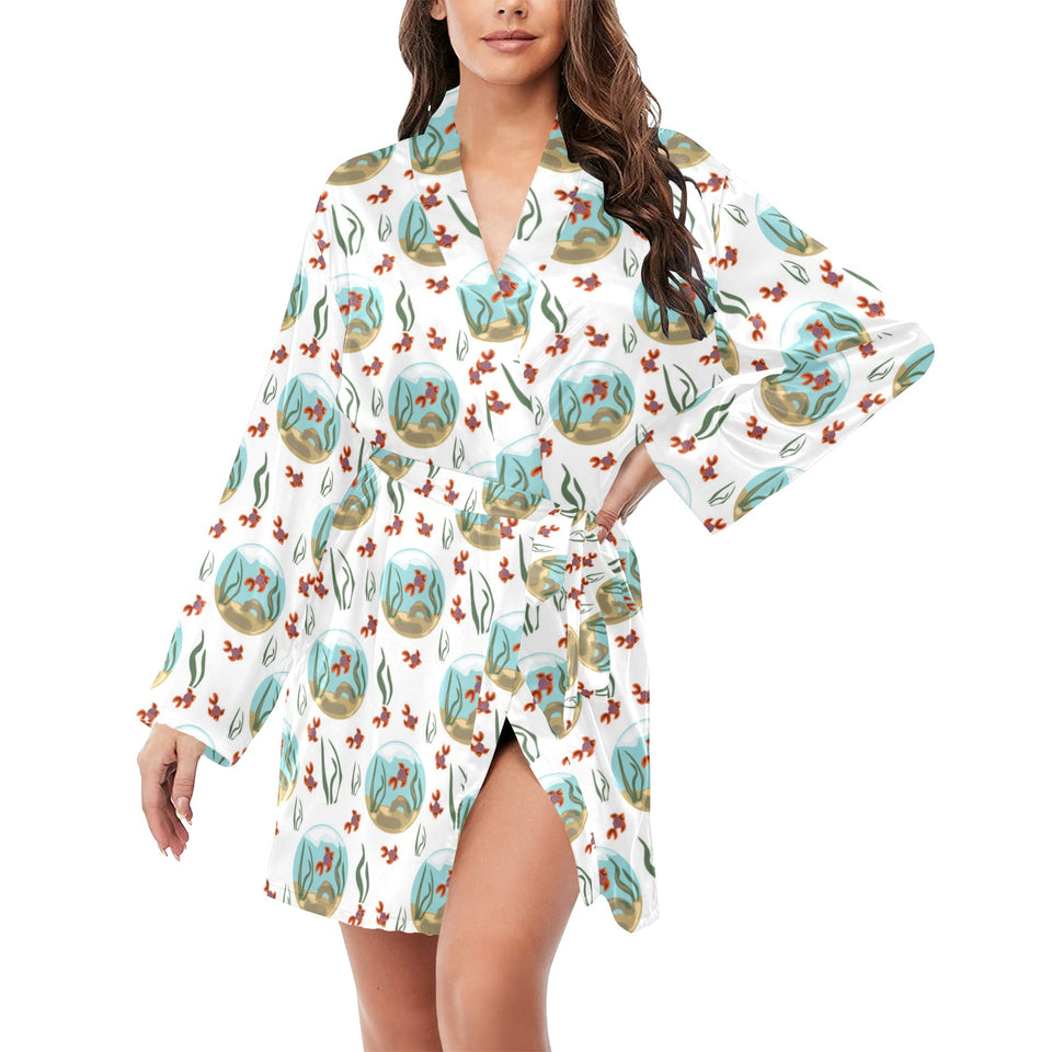 Goldfish Pattern Print Design 01 Women's Long Sleeve Belted Night Robe