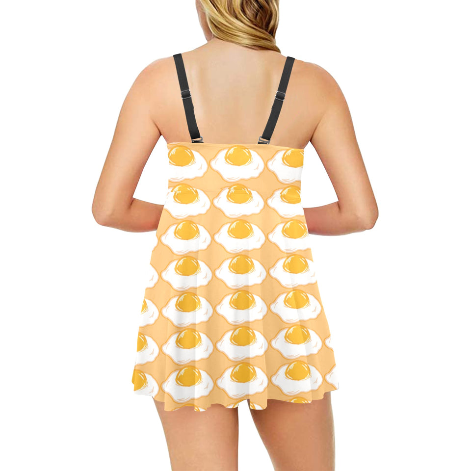 Fried Eggs Pattern Print Design 04 Chest Sexy Pleated Two Piece Swim Dress