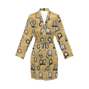 Lion Pattern Print Design 03 Women's Long Sleeve Belted Night Robe