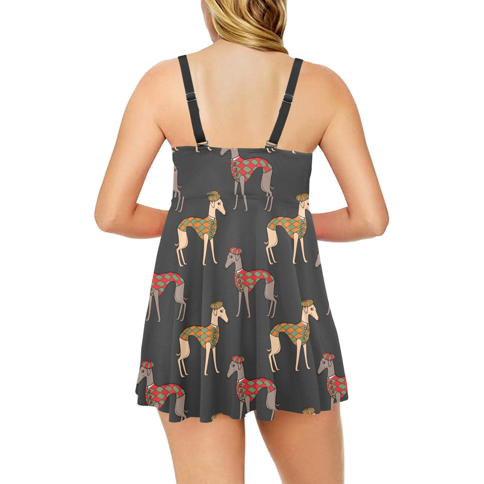 Greyhound Pattern Print Design 01 Chest Sexy Pleated Two Piece Swim Dress