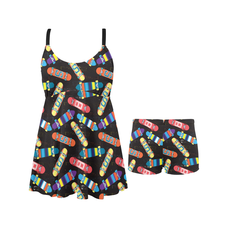 Skate Board Pattern Print Design 02 Chest Sexy Pleated Two Piece Swim Dress