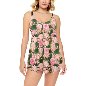 Rose Pattern Print Design 04 Chest Sexy Pleated Two Piece Swim Dress