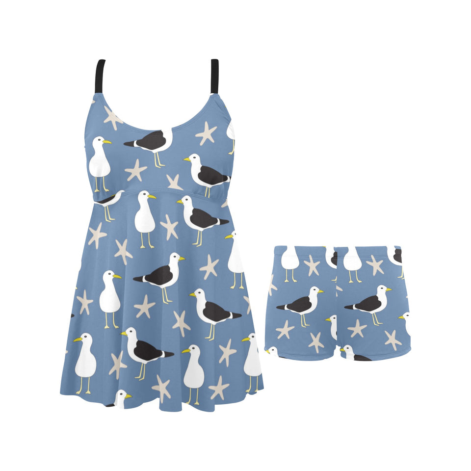 Seagull Pattern Print Design 01 Chest Sexy Pleated Two Piece Swim Dress