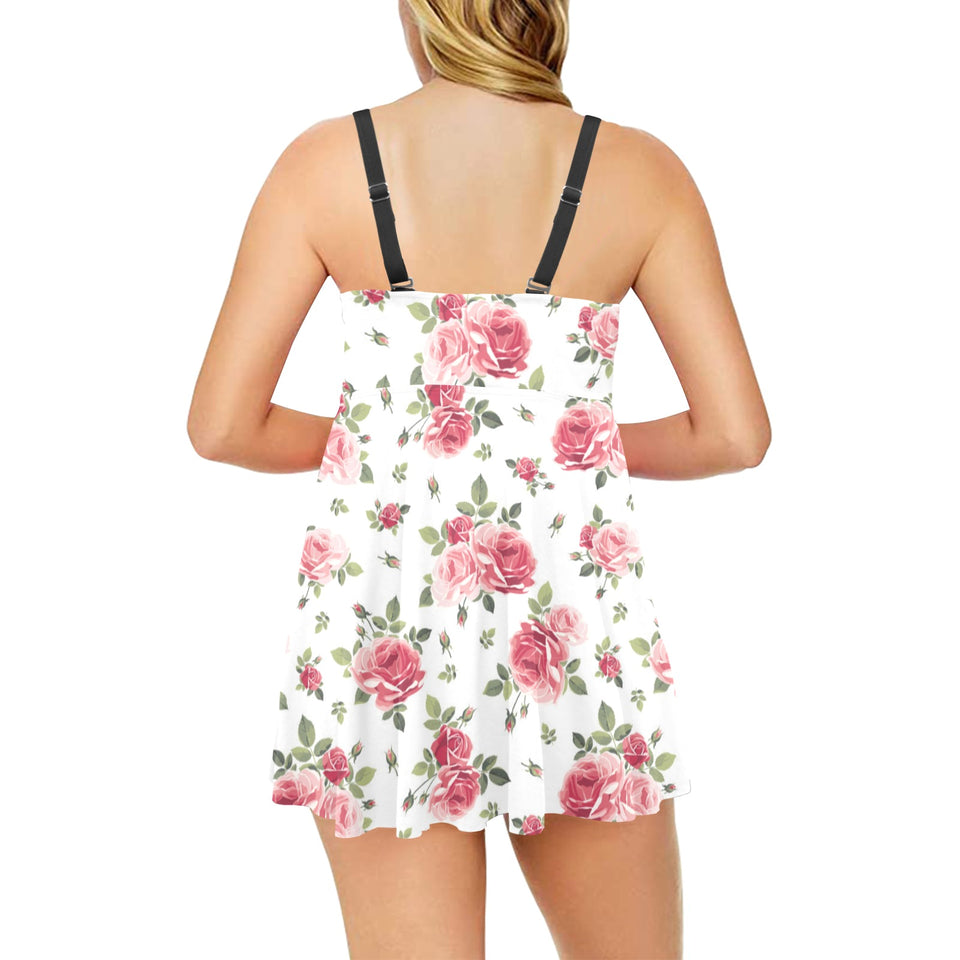 Rose Pattern Print Design 02 Chest Sexy Pleated Two Piece Swim Dress