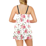 Rose Pattern Print Design 02 Chest Sexy Pleated Two Piece Swim Dress