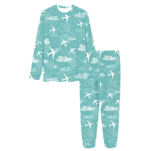 Airplane Cloud Pattern Green Background Women's All Over Print Pajama Set