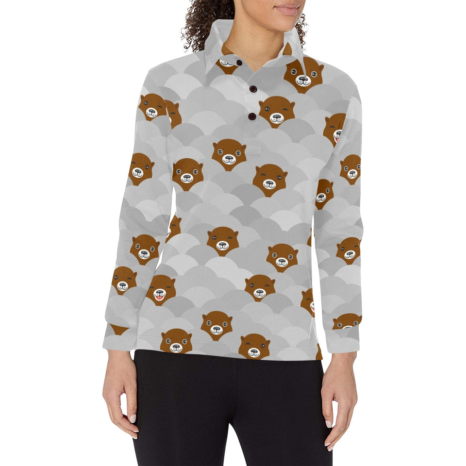 Cute Otter Pattern Women's Long Sleeve Polo Shirt