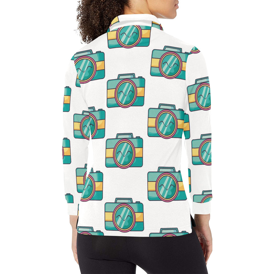 Camera Pattern Print Design 02 Women's Long Sleeve Polo Shirt