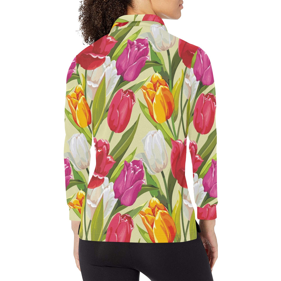 Colorful Tulip Pattern Women's Long Sleeve Polo Shirt