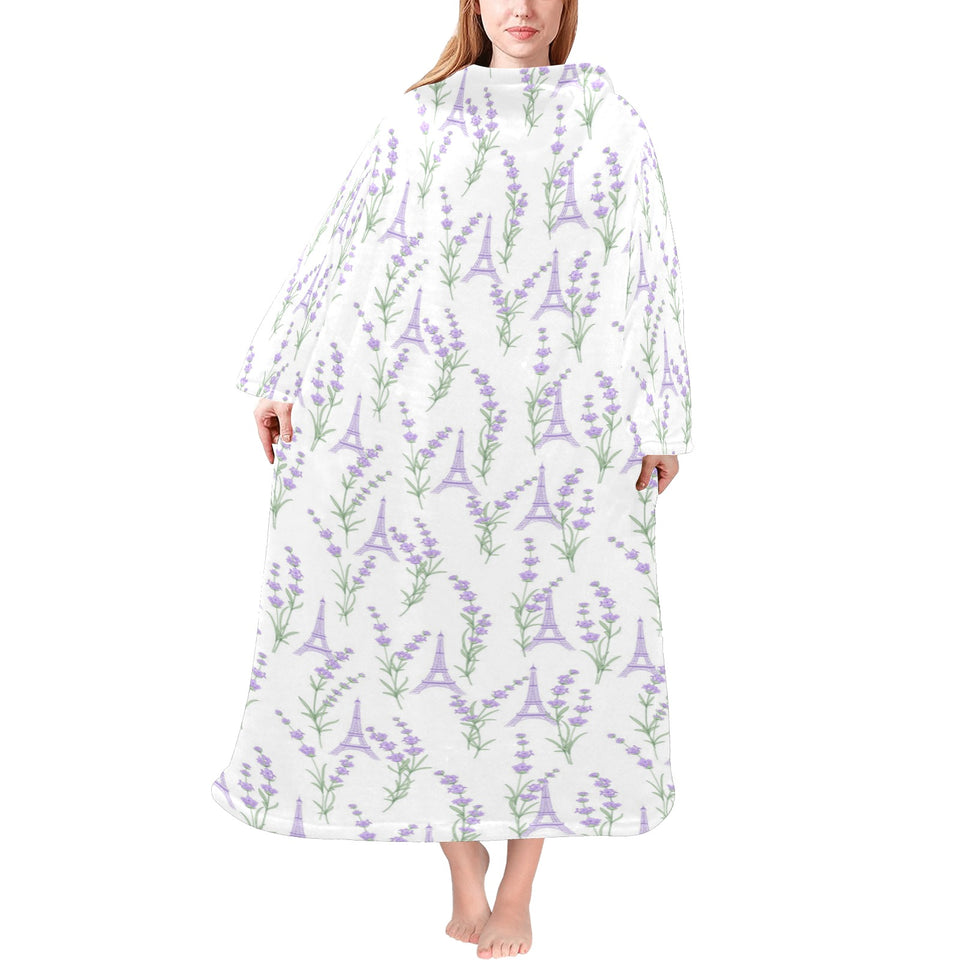 Eiffel Tower Lavender Pattern Print Design 01 Blanket Robe with Sleeves