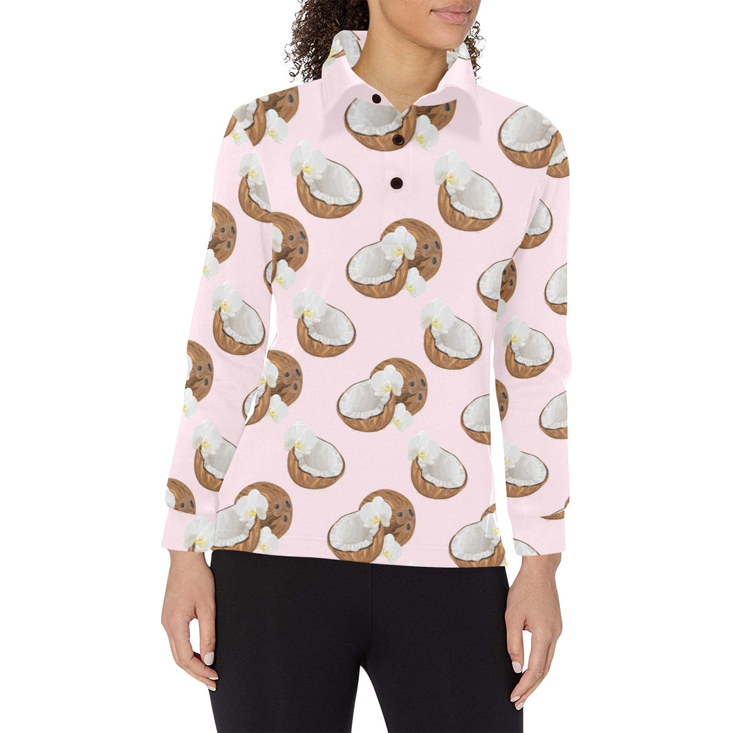 Coconut Pattern Print Design 05 Women's Long Sleeve Polo Shirt