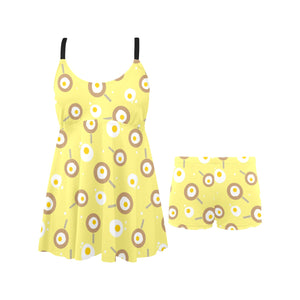 Fried Eggs Pattern Print Design 03 Chest Sexy Pleated Two Piece Swim Dress