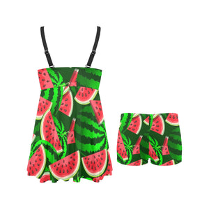 Watermelon Pattern Theme Chest Sexy Pleated Two Piece Swim Dress