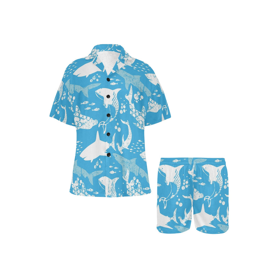 Shark Pattern Blue Theme Women's V-Neck Short Pajama Set