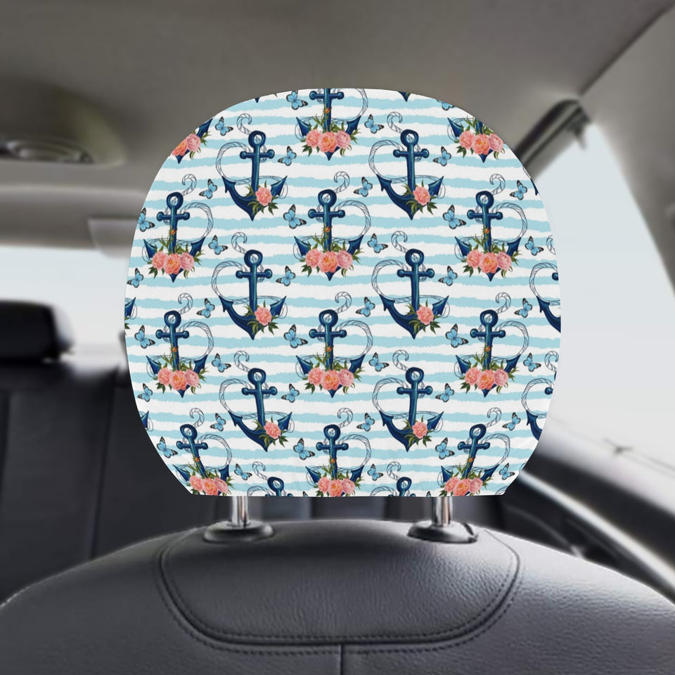 Anchor Flower Blue Stripe Pattern Car Headrest Cover