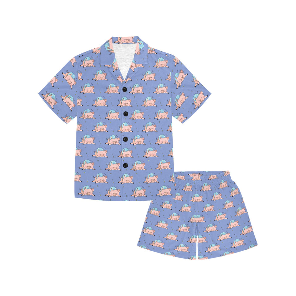 Pig Pattern Print Design 03 Kids' Boys' Girls' V-Neck Short Pajama Set