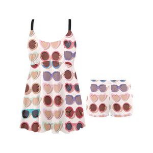 Sun Glasses Pattern Print Design 04 Chest Sexy Pleated Two Piece Swim Dress