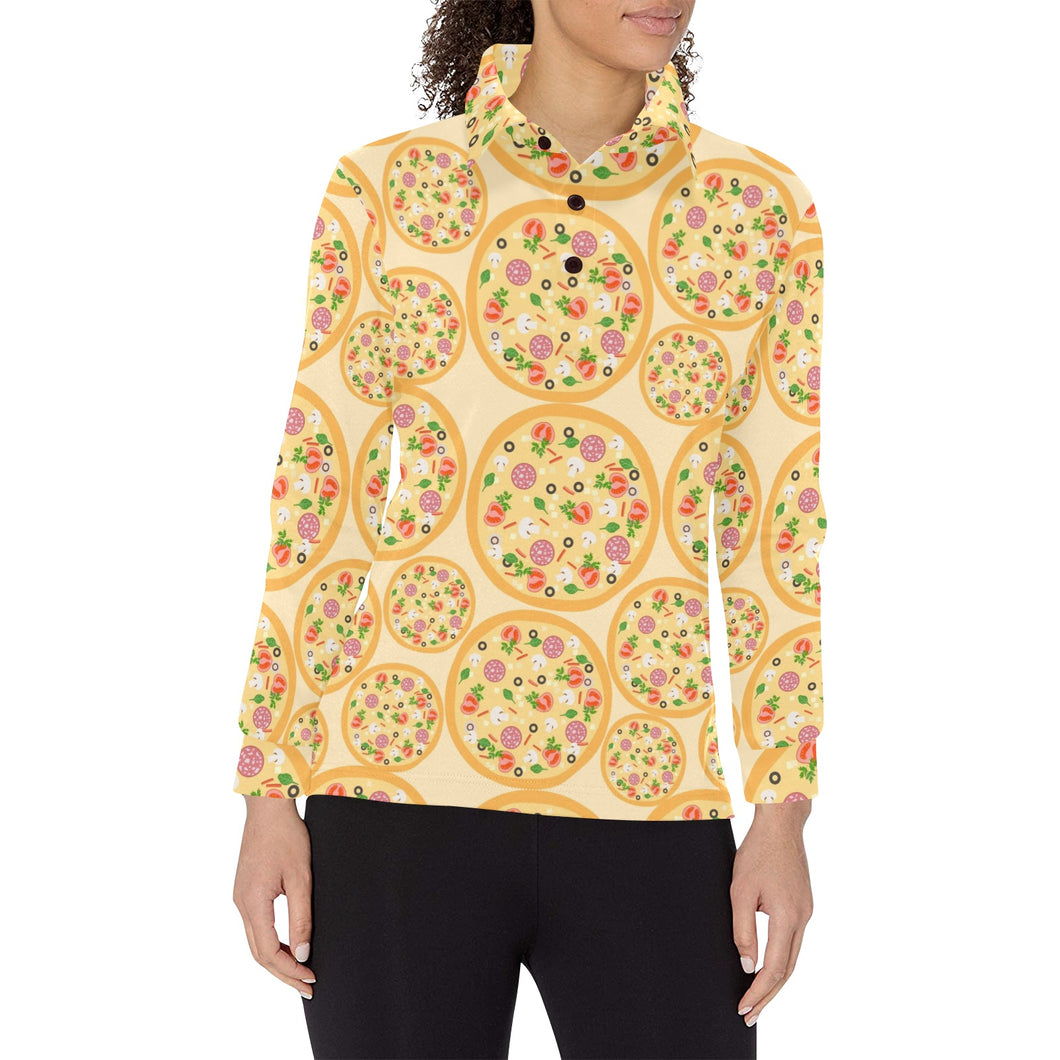 Pizza Theme Pattern Women's Long Sleeve Polo Shirt