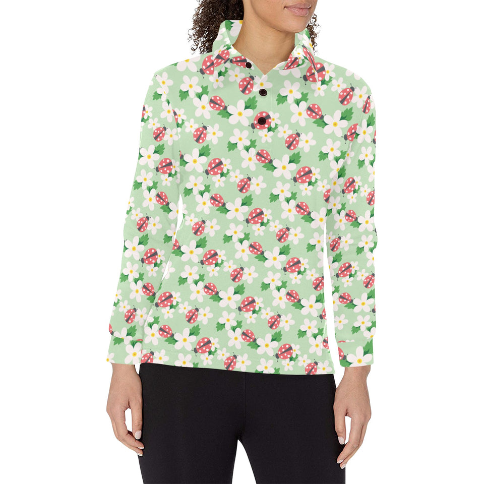 Ladybug Pattern Print Design 05 Women's Long Sleeve Polo Shirt