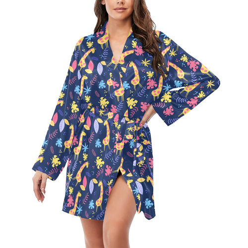 Giraffe Pattern Print Design 04 Women's Long Sleeve Belted Night Robe