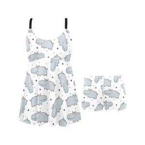 Hippopotamus Pattern Print Design 01 Chest Sexy Pleated Two Piece Swim Dress