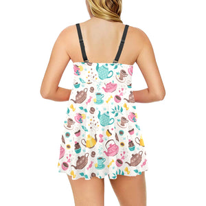 Tea pots Pattern Print Design 05 Chest Sexy Pleated Two Piece Swim Dress