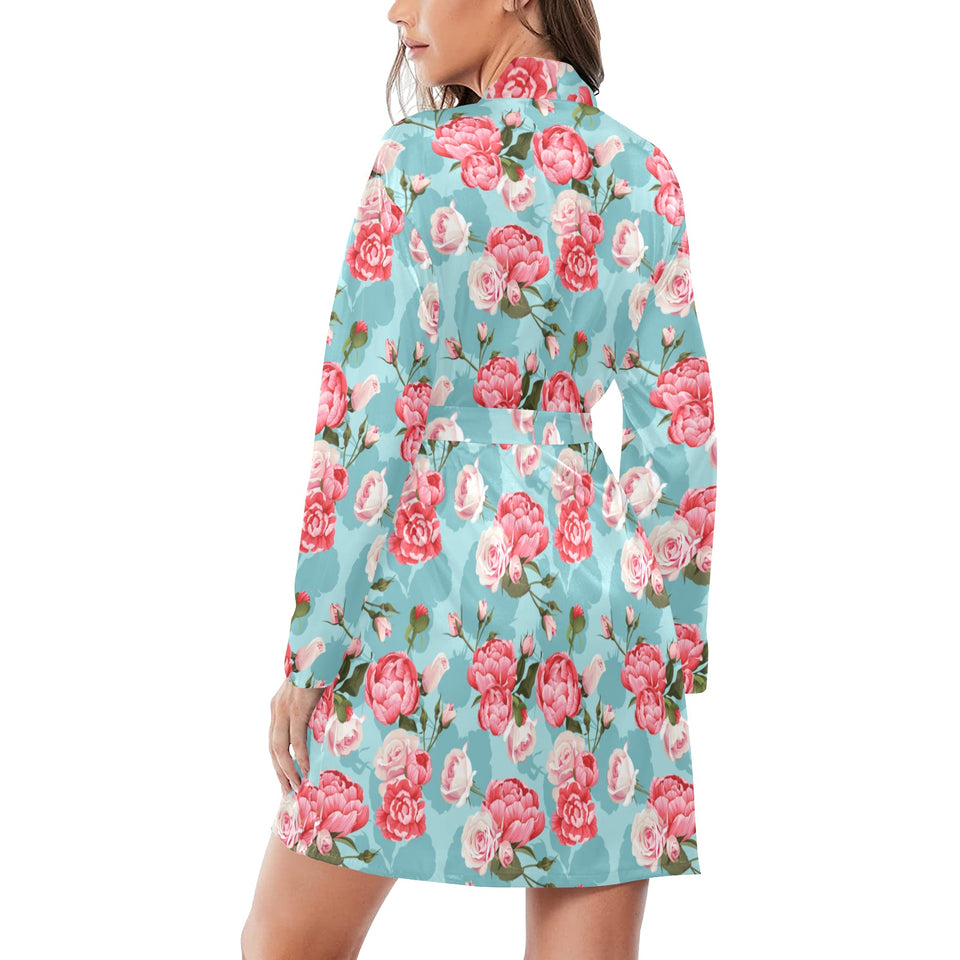 Rose Pattern Print Design 03 Women's Long Sleeve Belted Night Robe