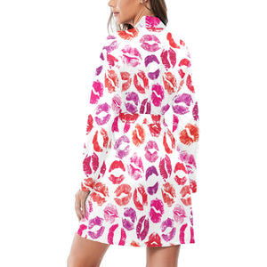 Lips Pattern Print Design 04 Women's Long Sleeve Belted Night Robe