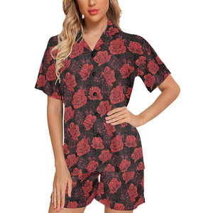 Rose Pattern Print Design 01 Women's V-Neck Short Pajama Set