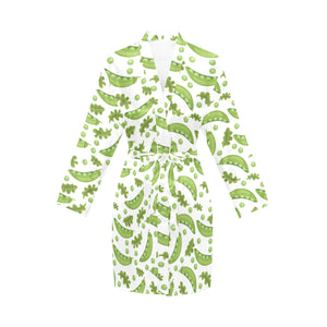 Green Peas Pattern Print Design 02 Women's Long Sleeve Belted Night Robe