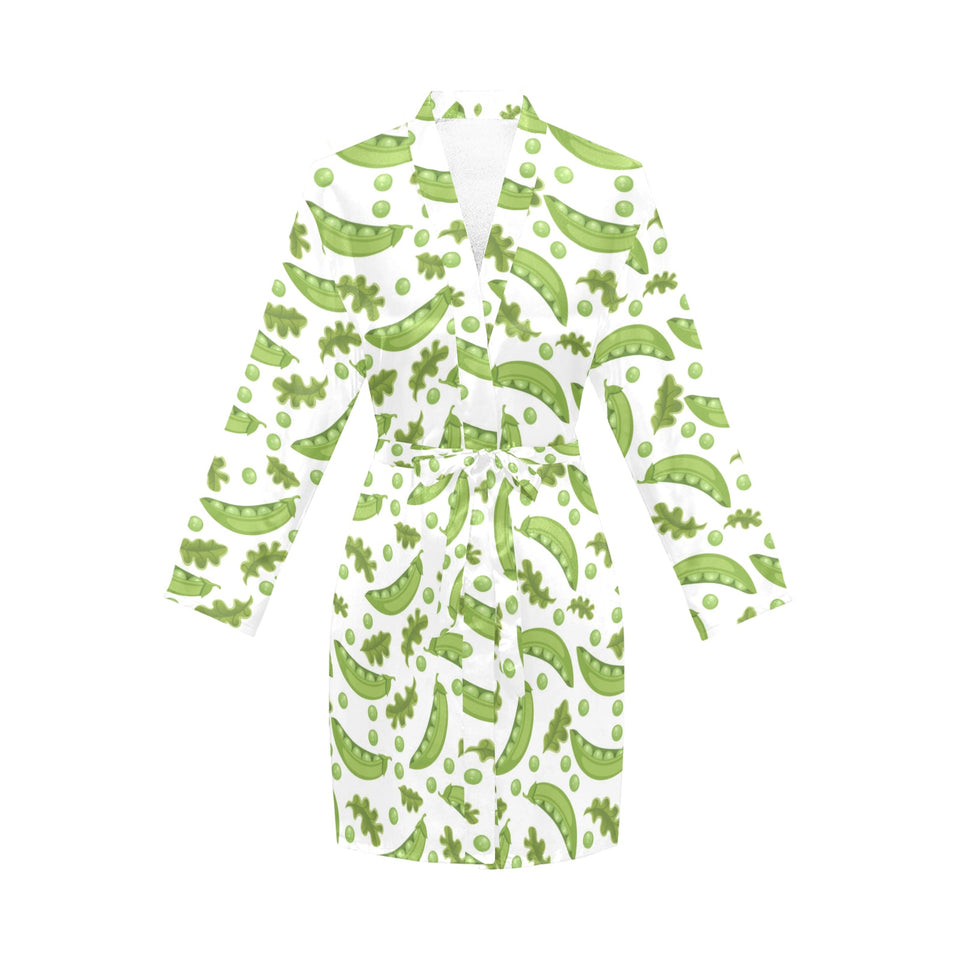 Green Peas Pattern Print Design 02 Women's Long Sleeve Belted Night Robe