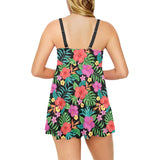 Hibiscus Pattern Print Design 01 Chest Sexy Pleated Two Piece Swim Dress