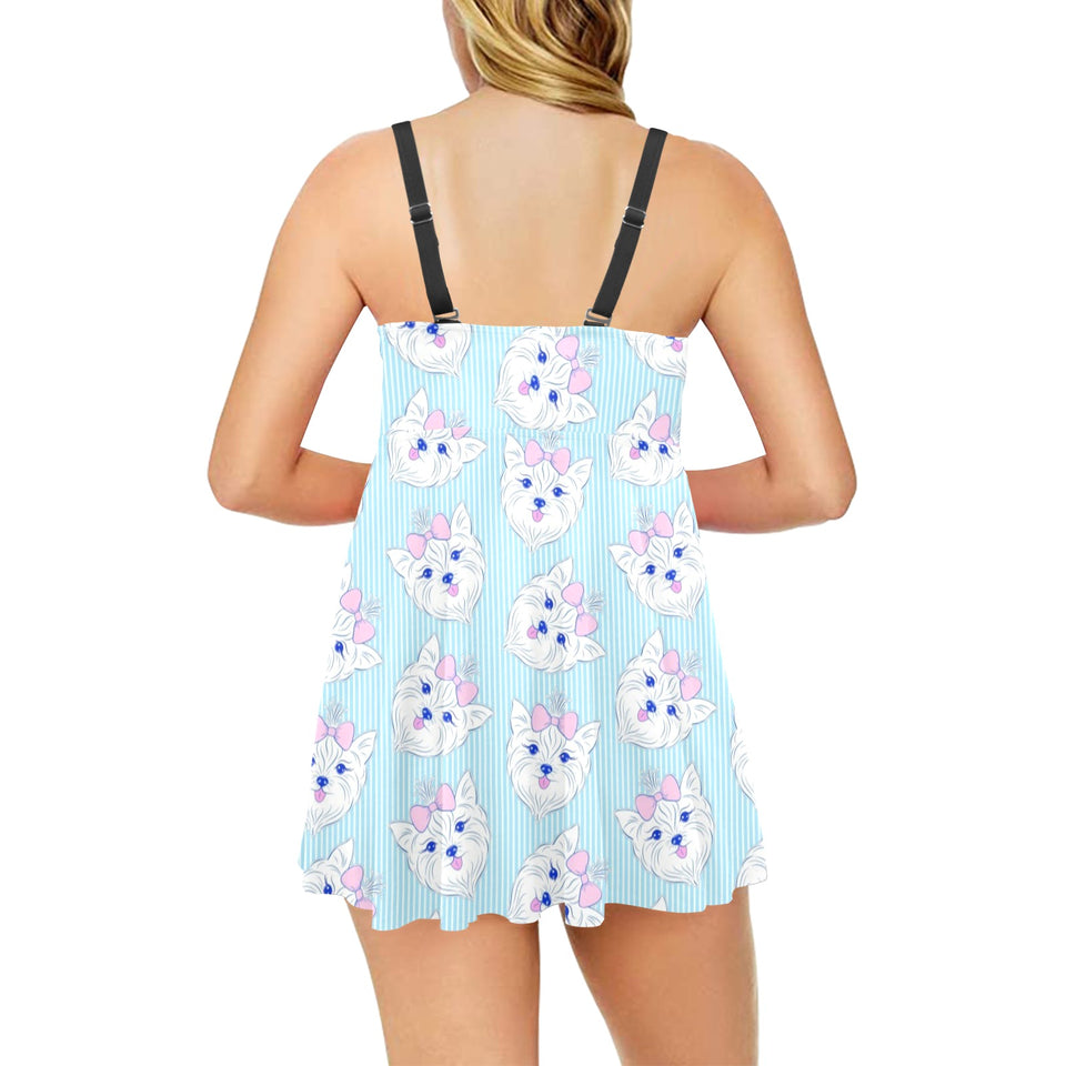 Yorkshire Terrier Pattern Print Design 01 Chest Sexy Pleated Two Piece Swim Dress