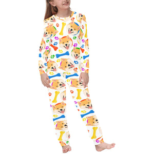 Shiba Inu Paw Bone Pattern Kids' Boys' Girls' All Over Print Pajama Set