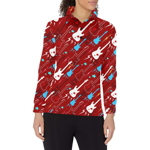 Electical Guitar Red Pattern Women's Long Sleeve Polo Shirt