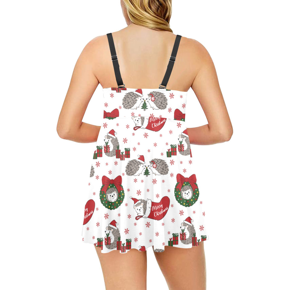 Hedgehog Pattern Print Design 05 Chest Sexy Pleated Two Piece Swim Dress