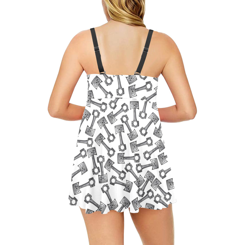 Engine Piston Pattern Print Design 01 Chest Sexy Pleated Two Piece Swim Dress