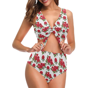 Rose Pattern Print Design 05 Chest Bowknot High Waisted Bikini Swimsuit