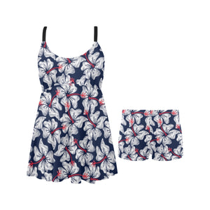 Hibiscus Pattern Print Design 02 Chest Sexy Pleated Two Piece Swim Dress