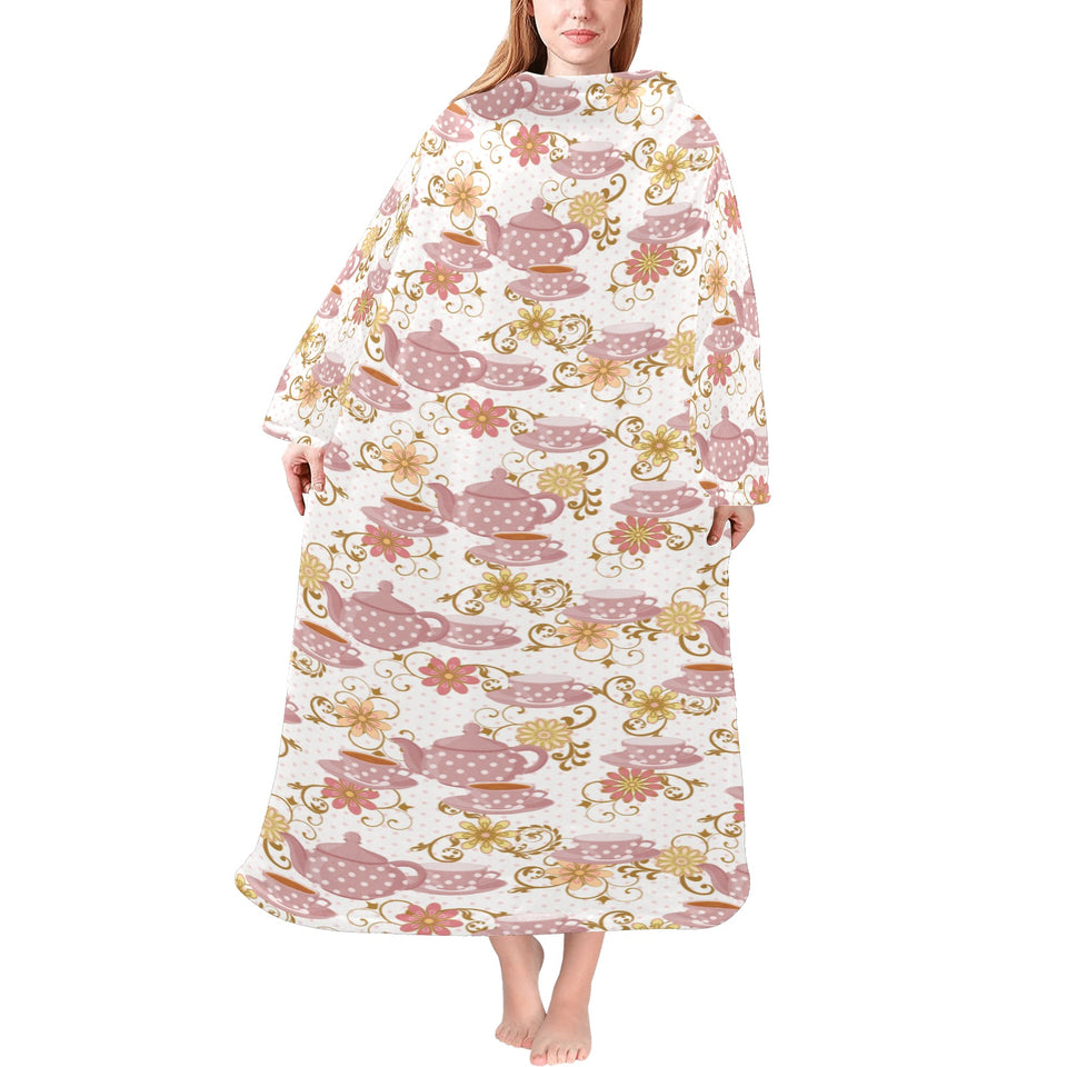 Tea pots Pattern Print Design 01 Blanket Robe with Sleeves