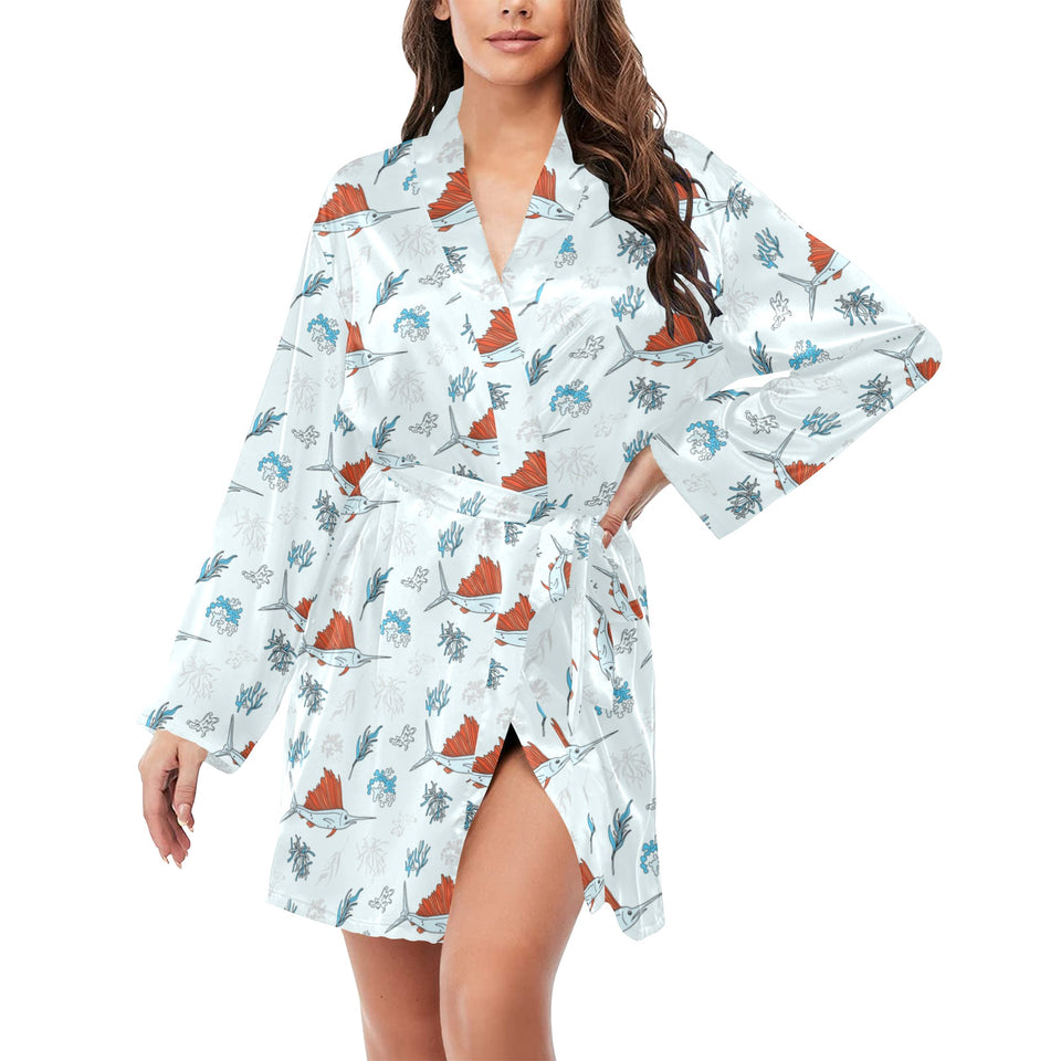 Swordfish Pattern Print Design 03 Women's Long Sleeve Belted Night Robe