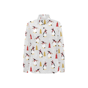 Penguin Christmas Tree Pattern Women's Long Sleeve Polo Shirt