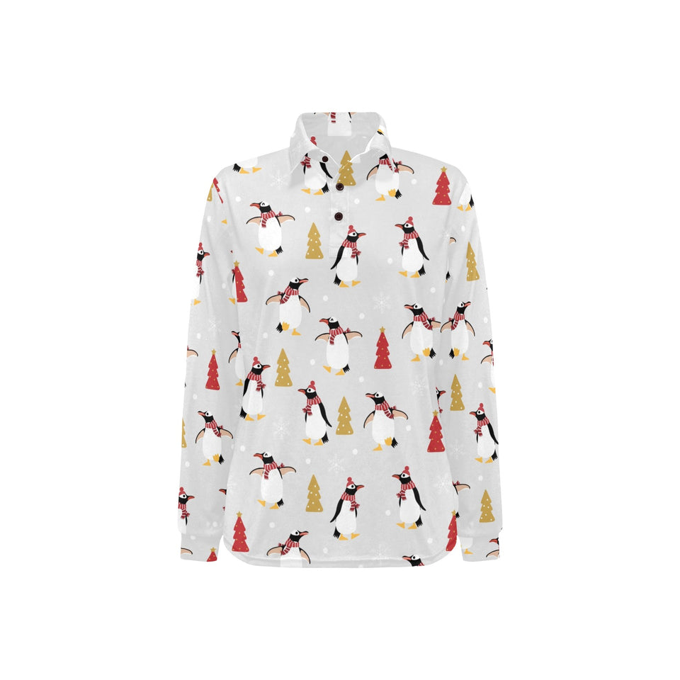 Penguin Christmas Tree Pattern Women's Long Sleeve Polo Shirt