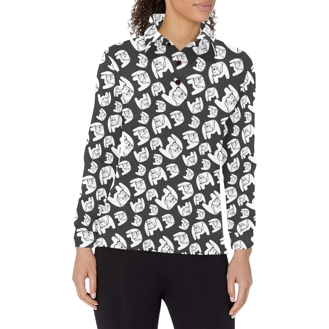 English Bulldog Pattern Print Design 02 Women's Long Sleeve Polo Shirt