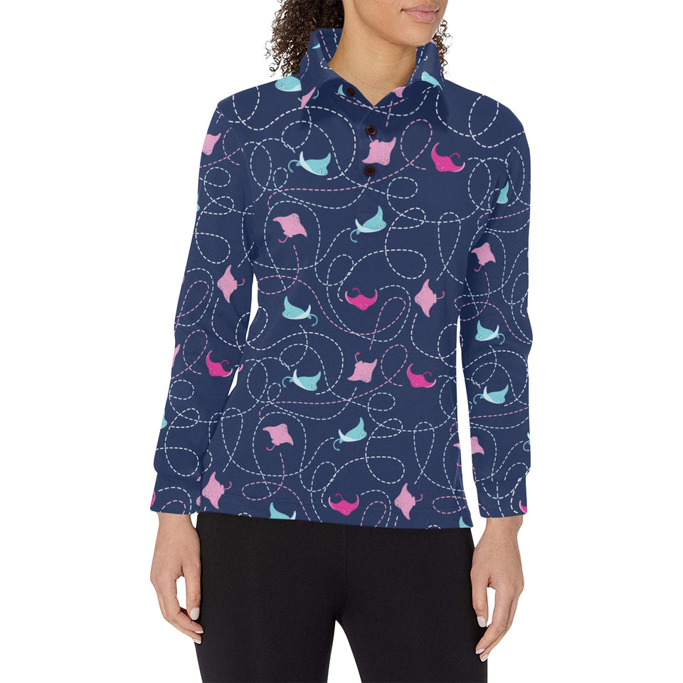 Stingray Pattern Print Design 05 Women's Long Sleeve Polo Shirt