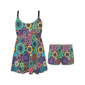 Gear Pattern Print Design 02 Chest Sexy Pleated Two Piece Swim Dress